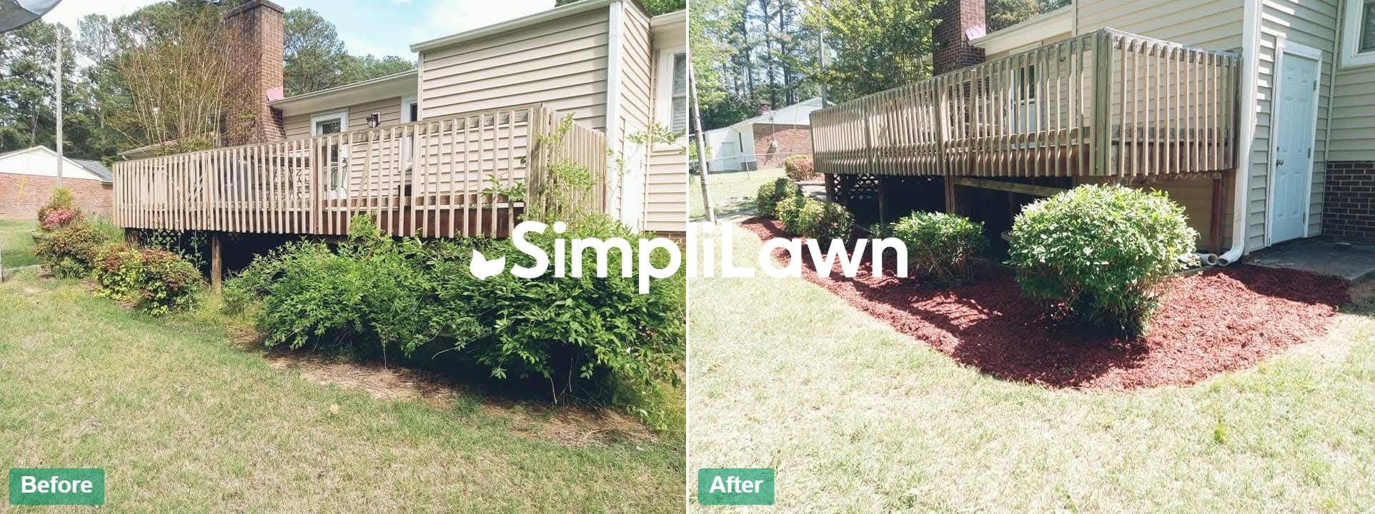 Landscaping — Deck-side bed reshaped with fresh mulch, Orlando, FL
