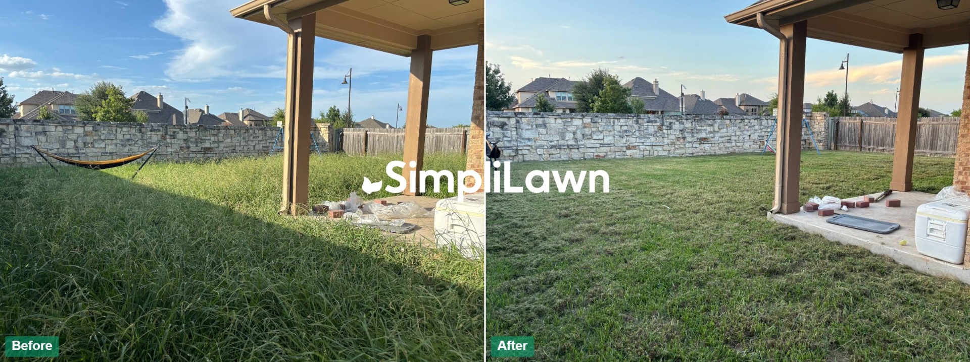 Lawn Mowing — Tall backyard grass mowed around covered patio, Los Angeles, CA