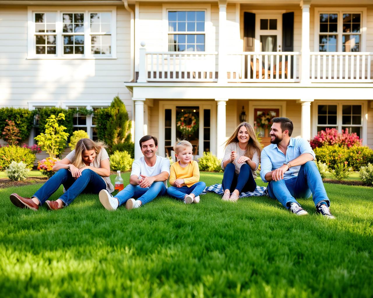 Happy family relaxing on a beautifully maintained lawn